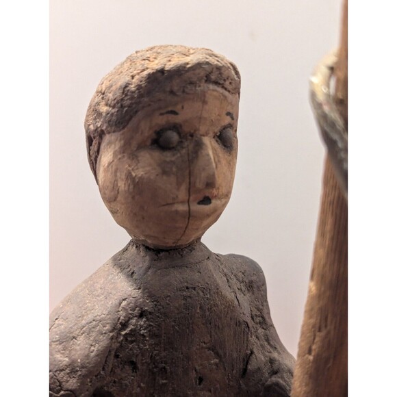1900's Wood Carved Man With Snake On Pole Folk Art - Picture 9 of 10